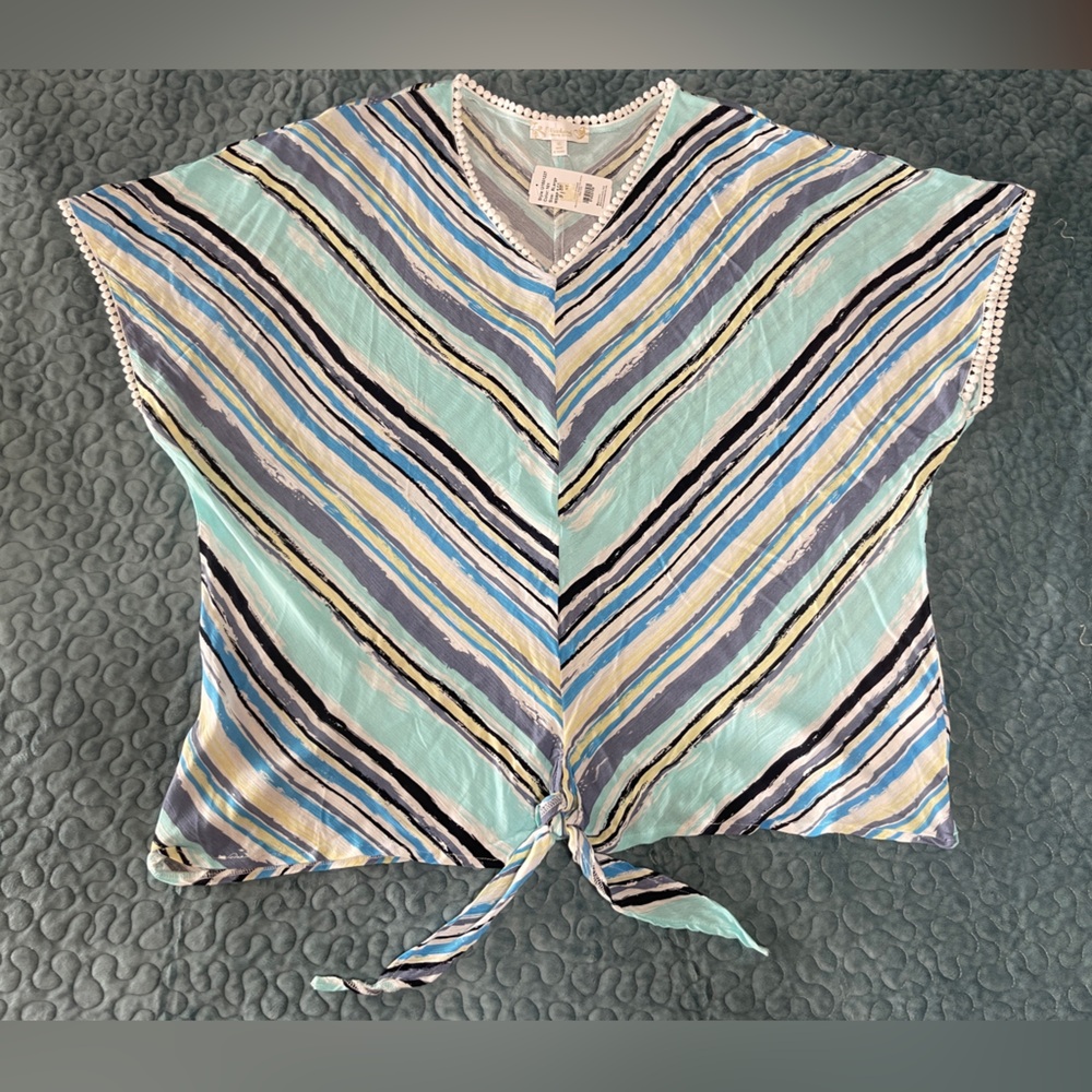 NWT Weekend Suzanne Betro Top Blouse Sz XL Multi Color Tie Waist Embroidery Trim